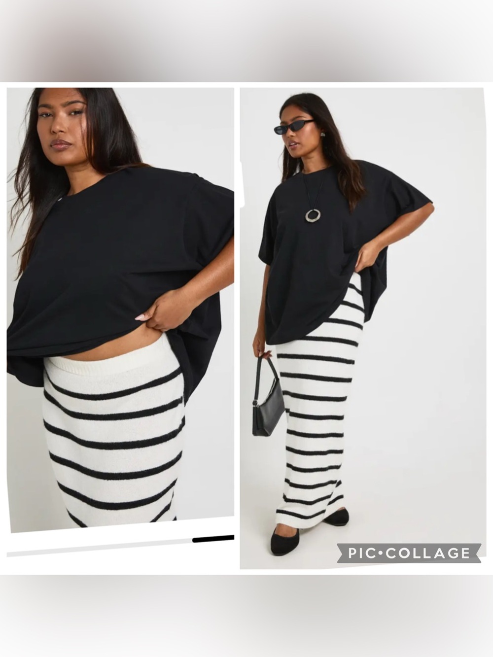 Boohoo Plus Size Striped Knit Maxi Skirt Black White NWT 16/18